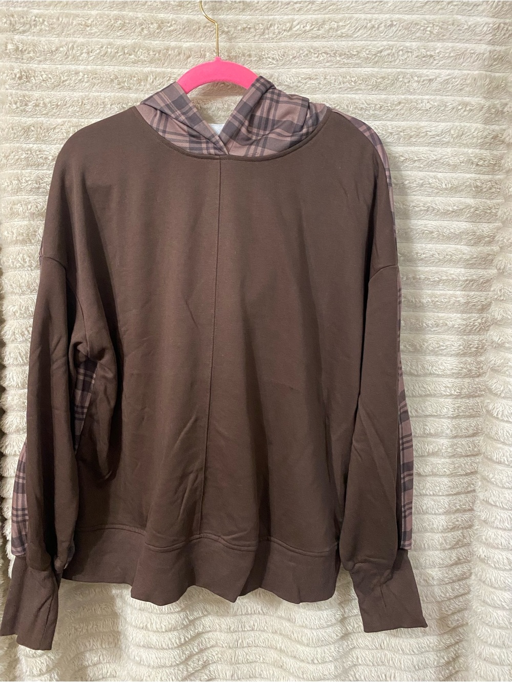 Relaxed Brown Hoodie with Plaid Trim